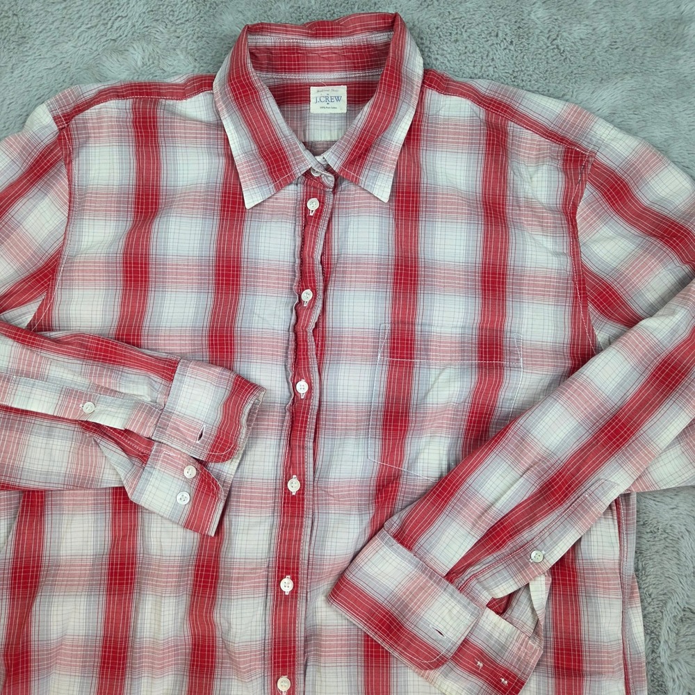 J.Crew Boyfriend Shirt Women Sz L Plaid Button Down Cotton Long Sleeve Red White